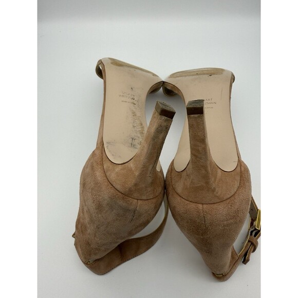 Stuart Weitzman Ankle Strap Sandals Women 9.5 Beige Open Toe Kitten Heel Wedding - Picture 6 of 8